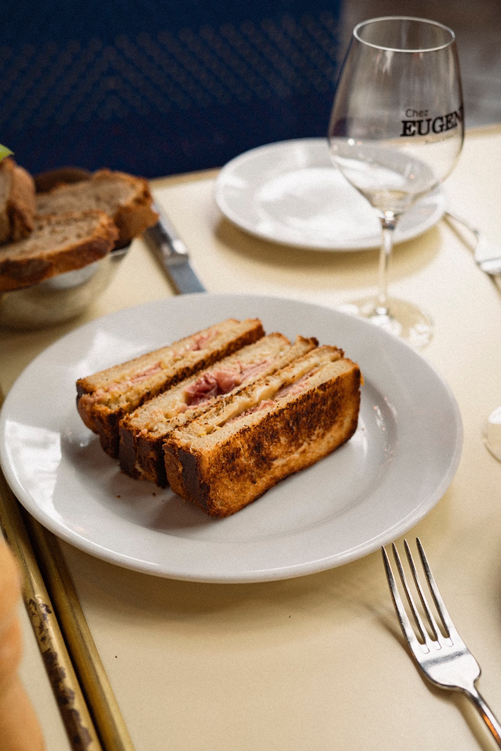 A croque-monsieur cut in three