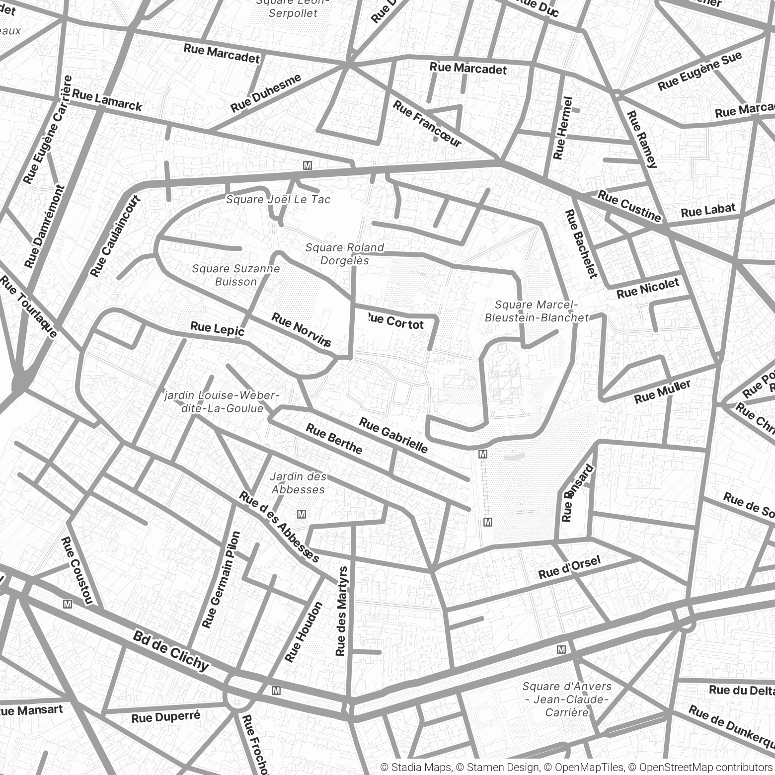 Plan du quartier : Chez Eugène, 17 place du Tertre, entre les métros Abbesses, Anvers et Lamarck